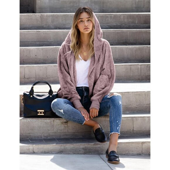 Women Hooded Cardigan Fuzzy Jacket Winter Open Front Fleece Coat Outwear with Po - Picture 6 of 6
